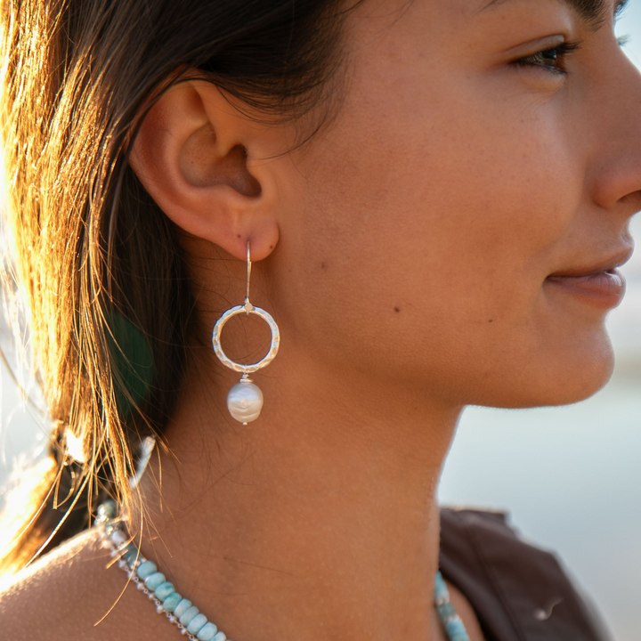 Freshwater Pearl Earrings with Beaten Circle Thai Hill Tribe Silver