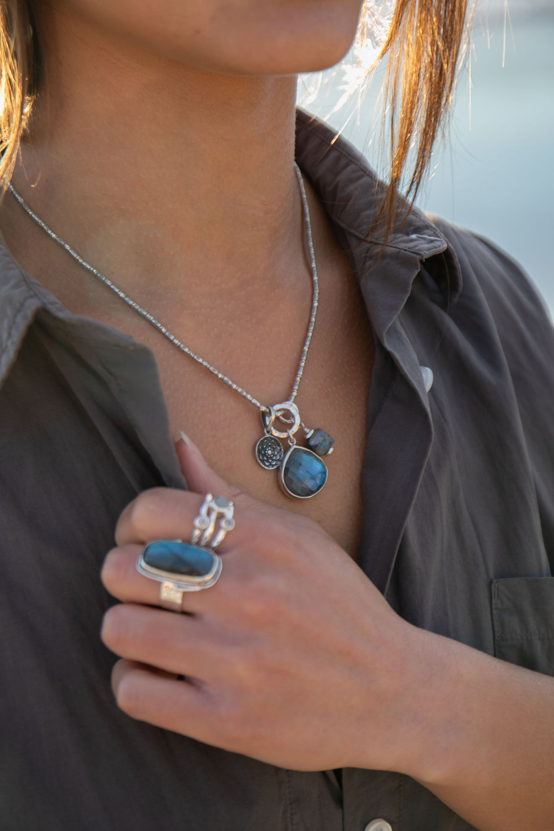 Labradorite Pendant Charm set in on Hill Tribe Silver Chain