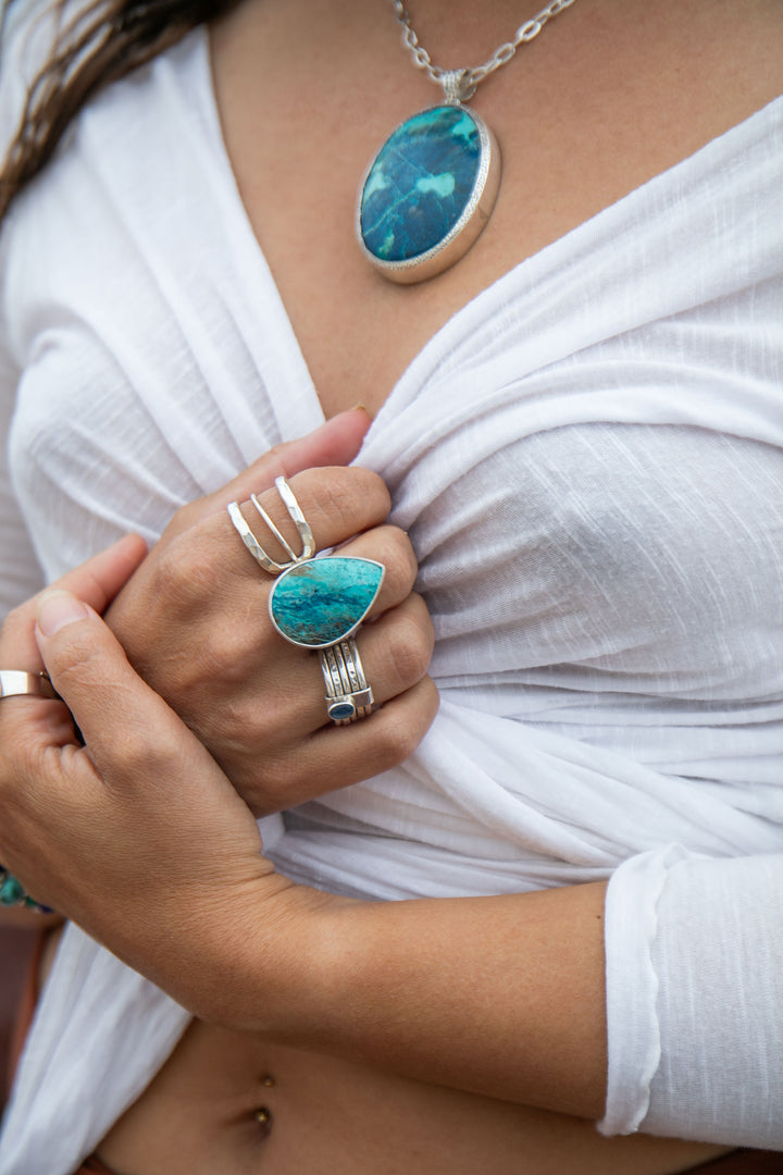 Statement Shattuckite Ring in Brushed Sterling Silver with Adjustable Band