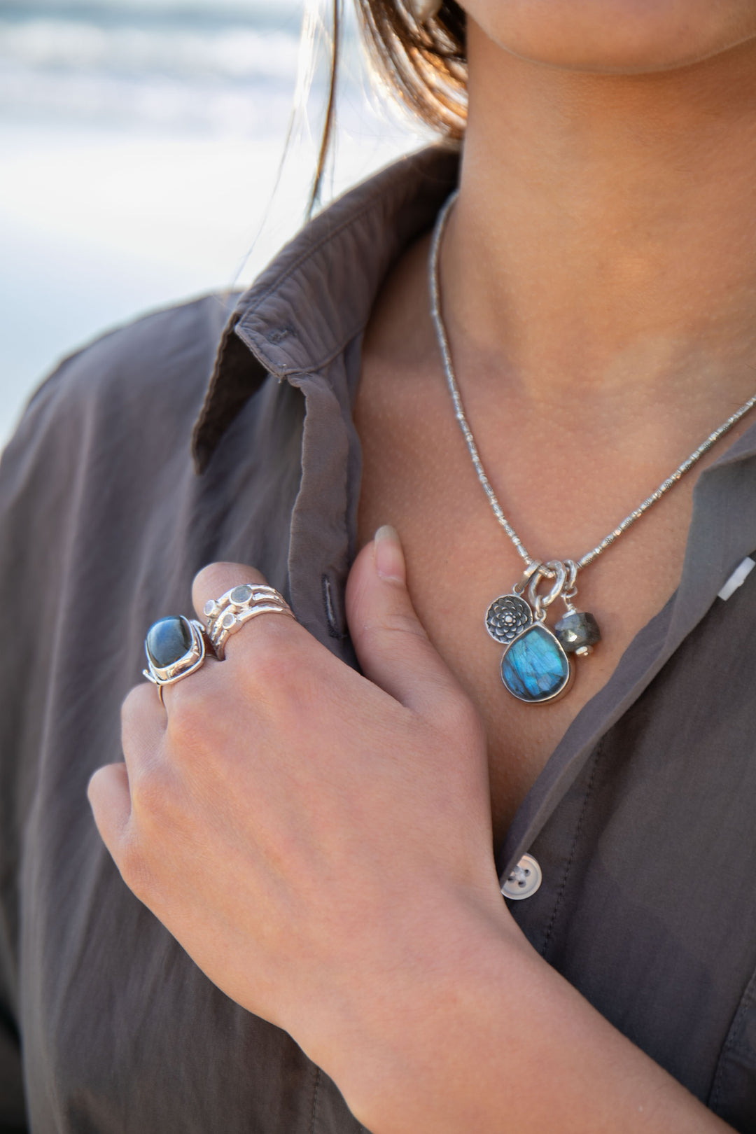 Labradorite Pendant Charm set in on Hill Tribe Silver Chain