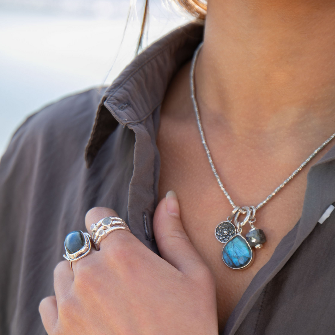 Labradorite Pendant Charm set in on Hill Tribe Silver Chain