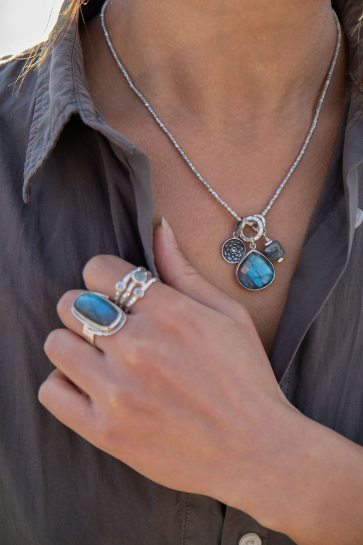 Labradorite Pendant Charm set in on Hill Tribe Silver Chain