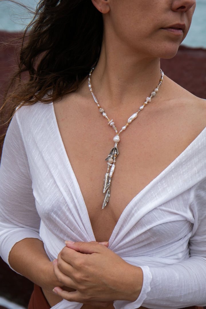 Beaded Dendritic Agate, Freshwater Pearl and Herkimer Diamond Necklace with Thai Hill Tribe Silver