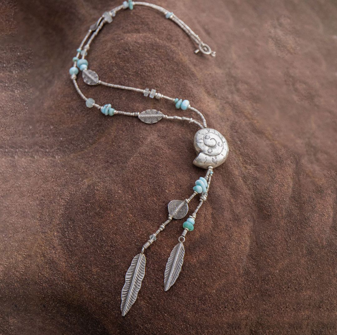 Statement Beaded Aquamarine and Larimar Long Necklace with Thai Hill Tribe Silver