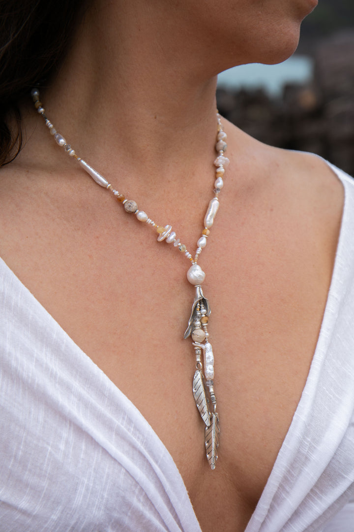 Beaded Dendritic Agate, Freshwater Pearl and Herkimer Diamond Necklace with Thai Hill Tribe Silver