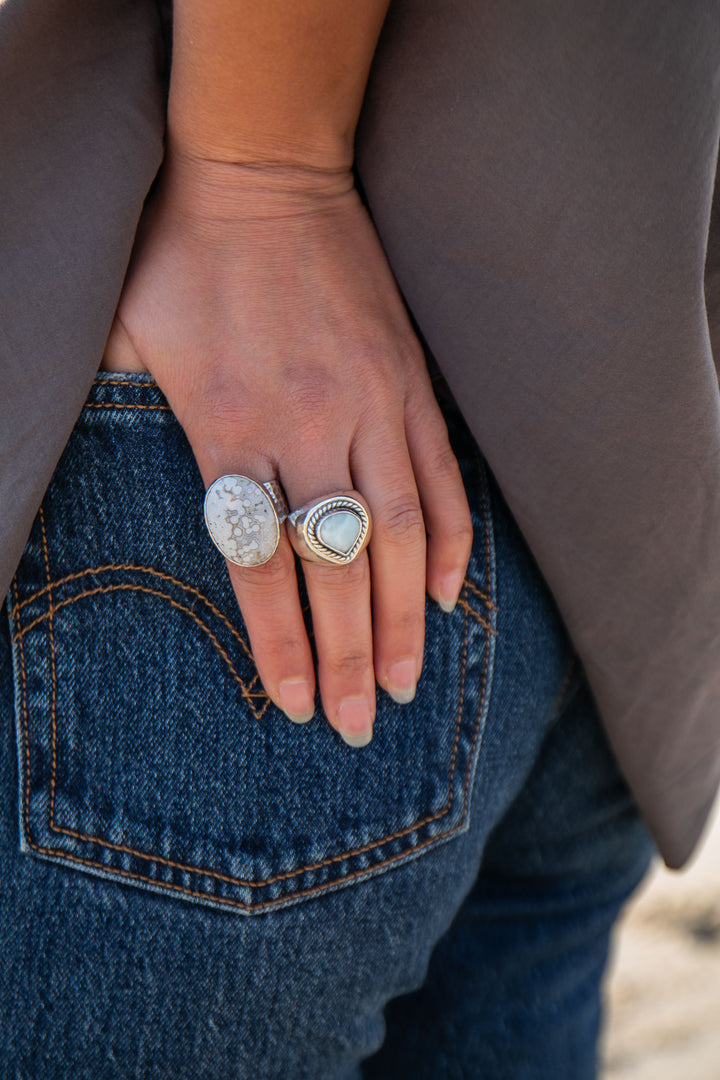 Ocean Jasper Ring in Beaten Sterling Silver with Adjustable Band