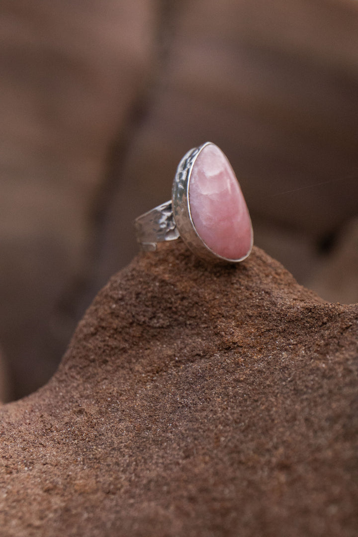 Statement Pink Opal Ring set in Beaten 92.5% Sterling Silver with Adjustable Band