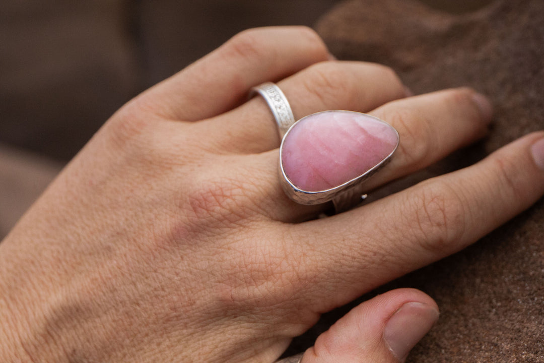 Statement Pink Opal Ring set in Beaten 92.5% Sterling Silver with Adjustable Band