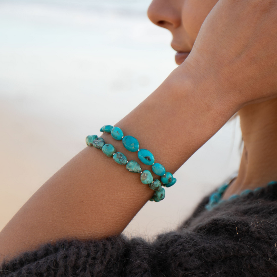 Natural Turquoise Bracelet with Thai Hill Tribe Silver Beads