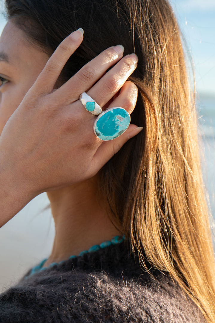 Statement Chrysocolla Ring set in Brushed Sterling Silver - Adjustable Band