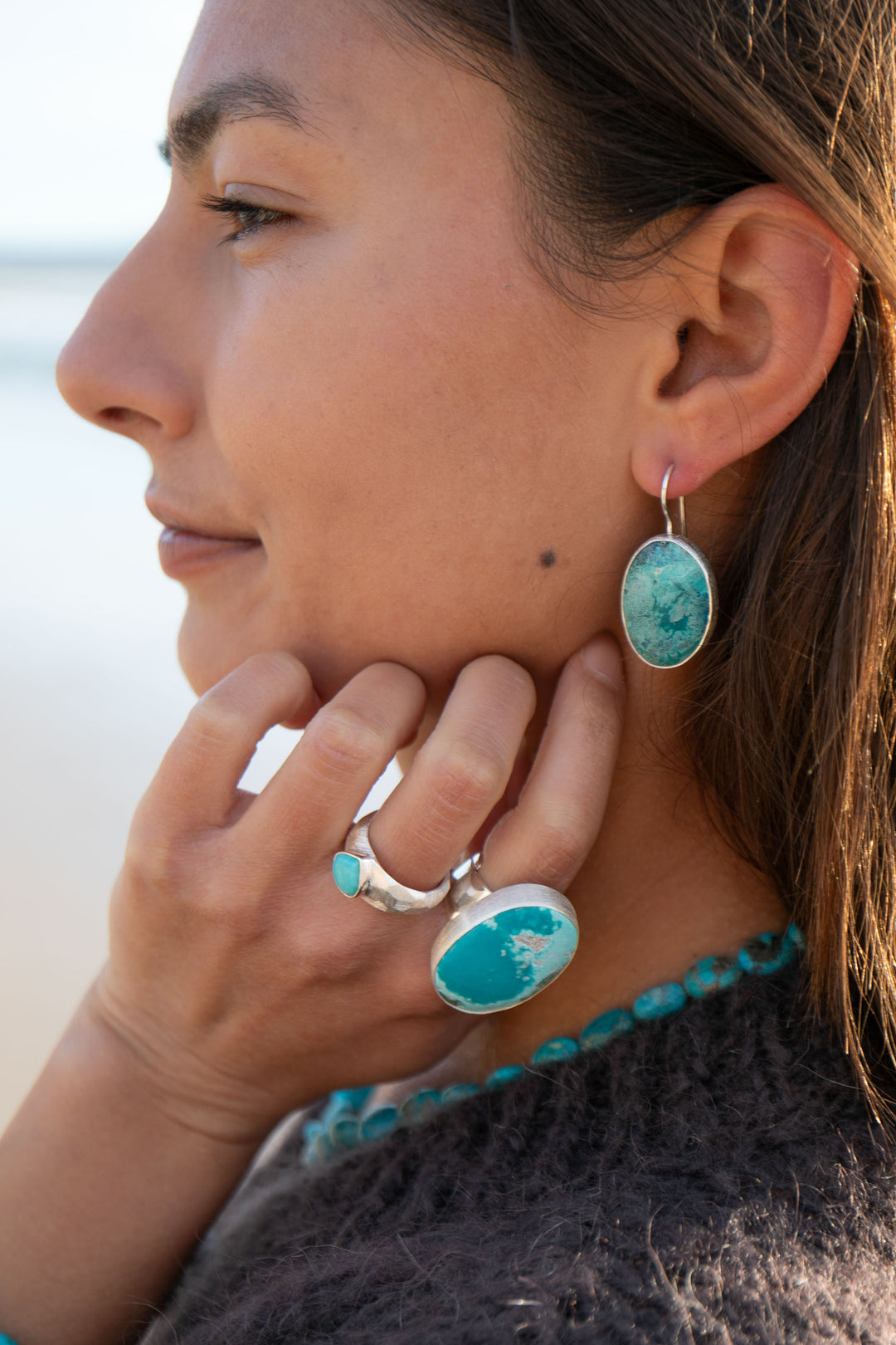 Statement Chrysocolla Ring set in Brushed Sterling Silver - Adjustable Band