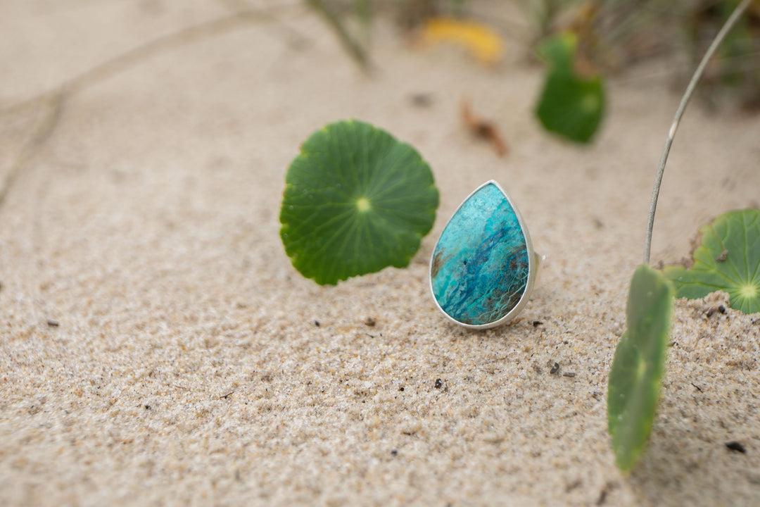 Statement Shattuckite Ring in Brushed Sterling Silver with Adjustable Band