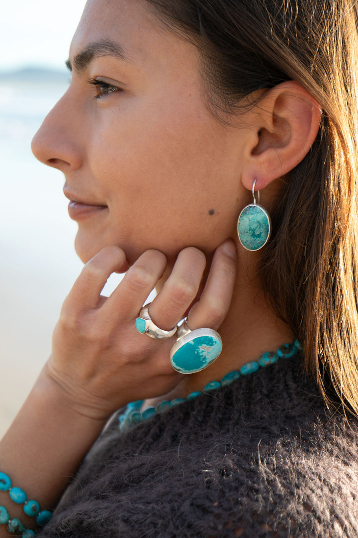 Statement Chrysocolla Ring set in Brushed Sterling Silver - Adjustable Band