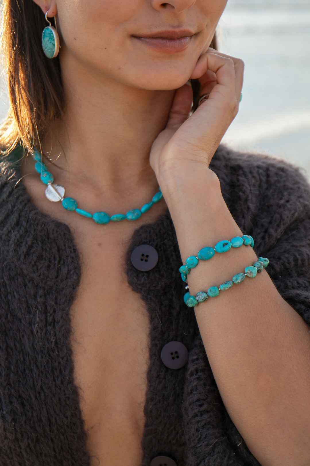 Natural Arizona Turquoise Necklace with Thai Hill Tribe Silver Beads