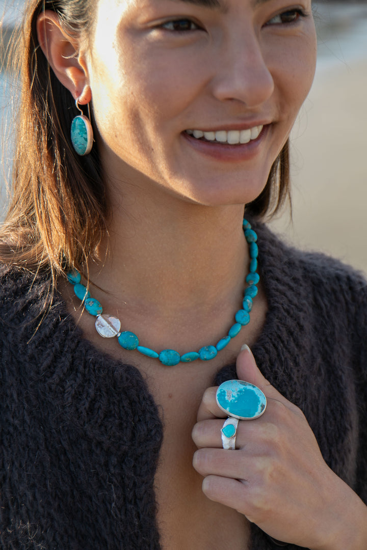 Statement Chrysocolla Ring set in Brushed Sterling Silver - Adjustable Band