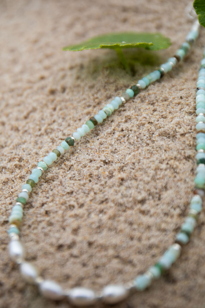 Blue Peruvian Opal and Pearl Choker Necklace with Thai Hill Tribe Silver