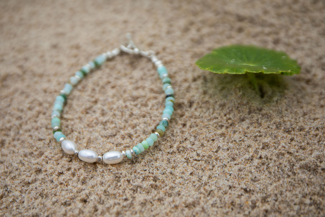 Blue Peruvian Opal and Pearl Beaded Bracelet with Thai Hill Tribe Silver