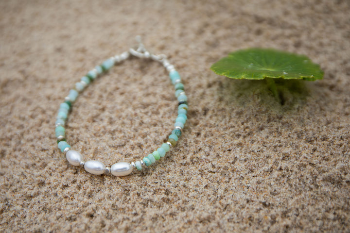 Blue Peruvian Opal and Pearl Beaded Bracelet with Thai Hill Tribe Silver