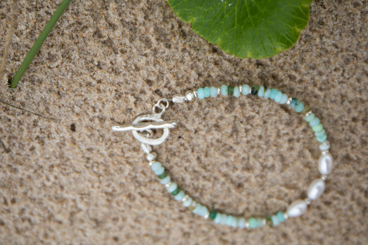 Blue Peruvian Opal and Pearl Beaded Bracelet with Thai Hill Tribe Silver