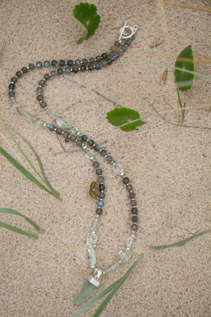 Statement Labradorite, Green Kyanite and Raw + Faceted Green Amethyst Long Necklace