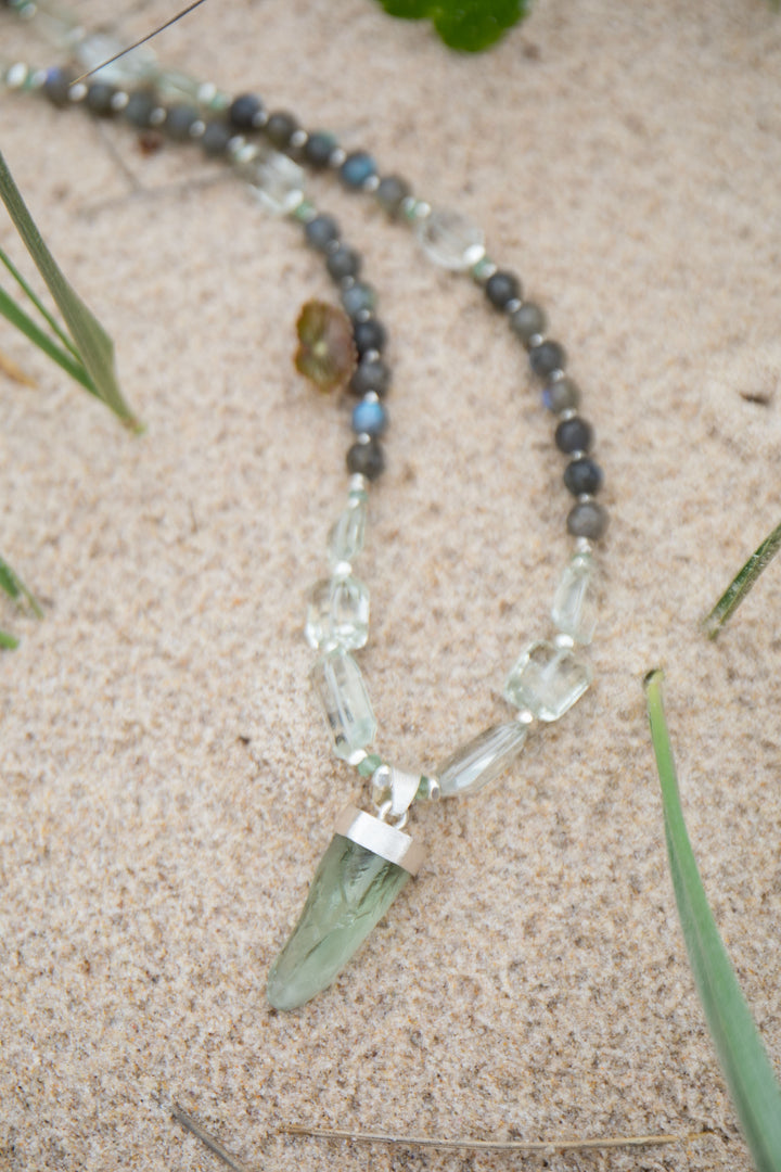 Statement Labradorite, Green Kyanite and Raw + Faceted Green Amethyst Long Necklace