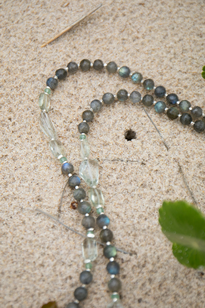 Statement Labradorite, Green Kyanite and Raw + Faceted Green Amethyst Long Necklace