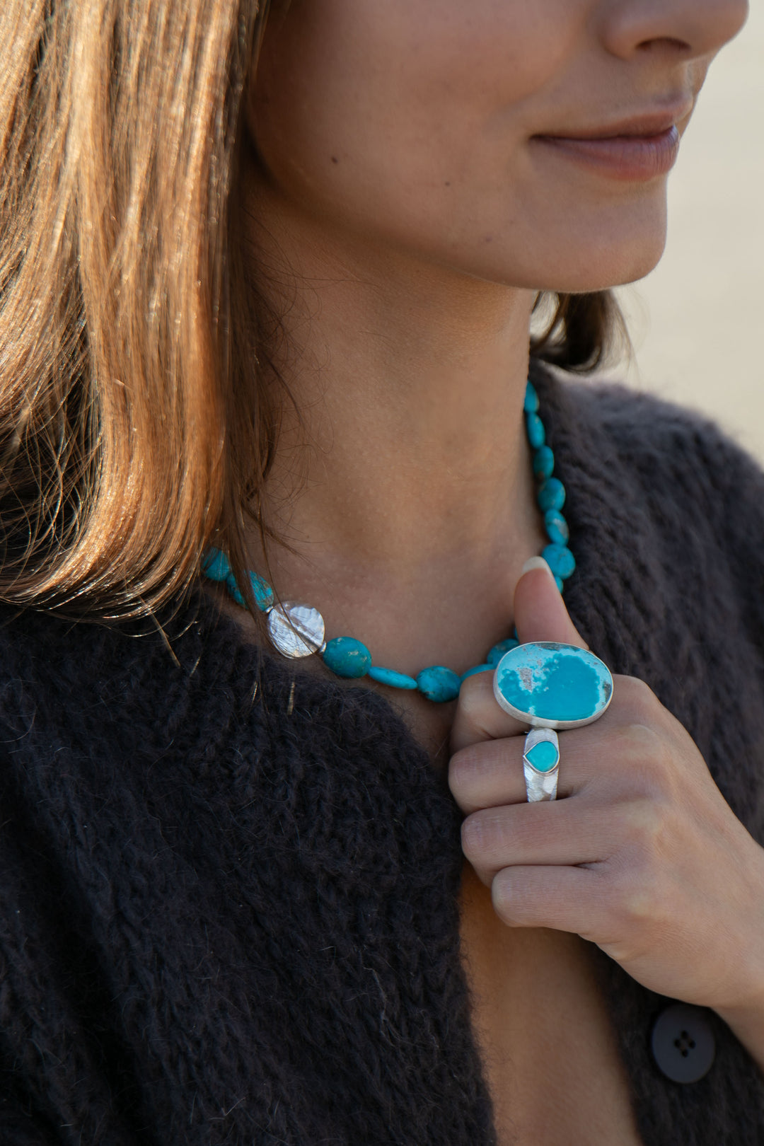 Statement Chrysocolla Ring set in Brushed Sterling Silver - Adjustable Band
