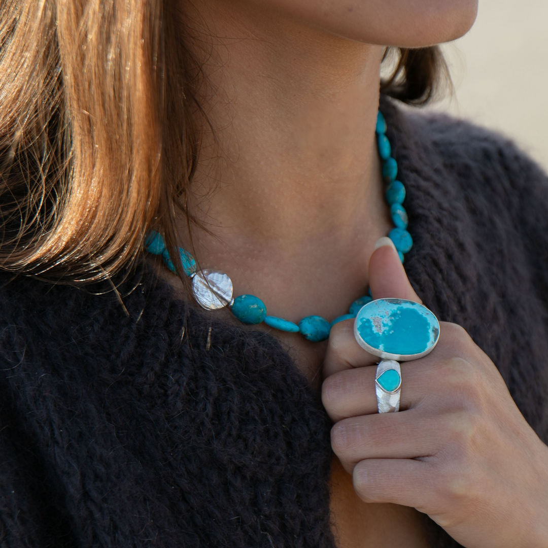 Statement Chrysocolla Ring set in Brushed Sterling Silver - Adjustable Band