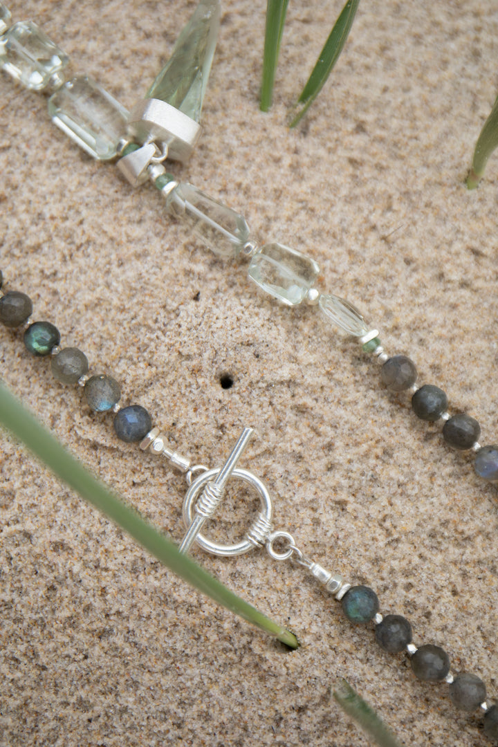 Statement Labradorite, Green Kyanite and Raw + Faceted Green Amethyst Long Necklace