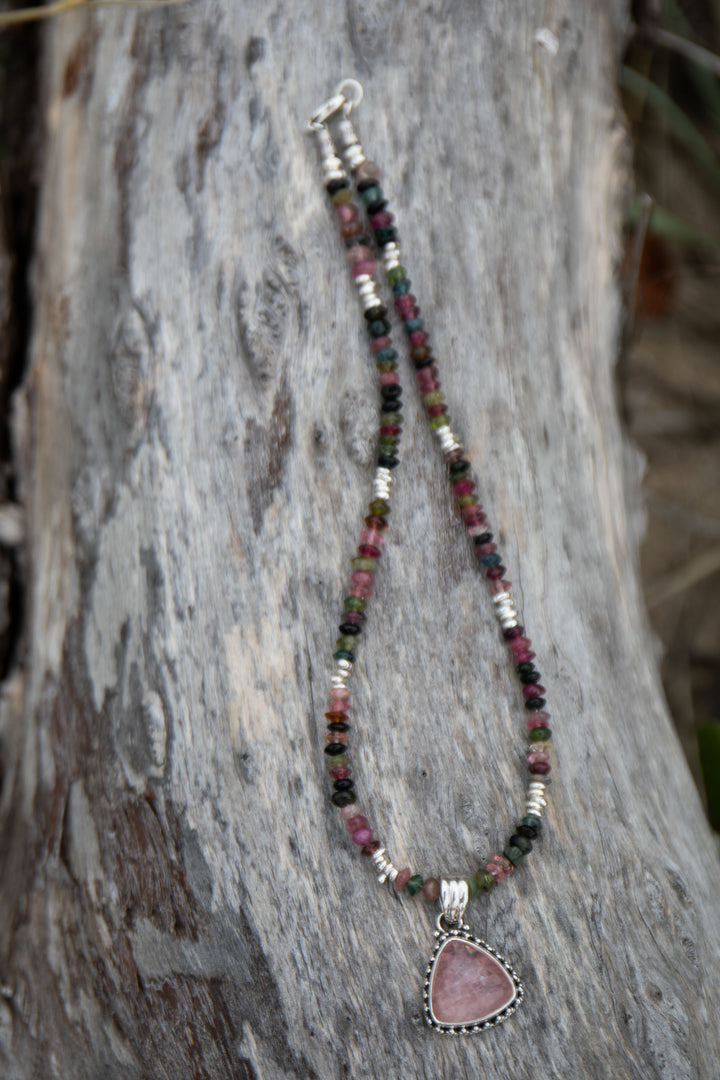 Watermelon Tourmaline + Thai Hill Tribe Silver Choker Necklace with Rose Quartz Pendant