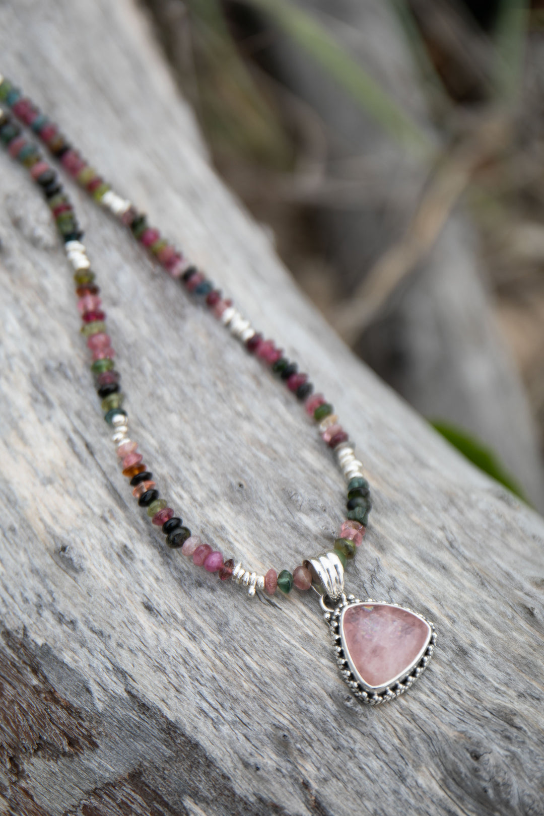 Watermelon Tourmaline + Thai Hill Tribe Silver Choker Necklace with Rose Quartz Pendant