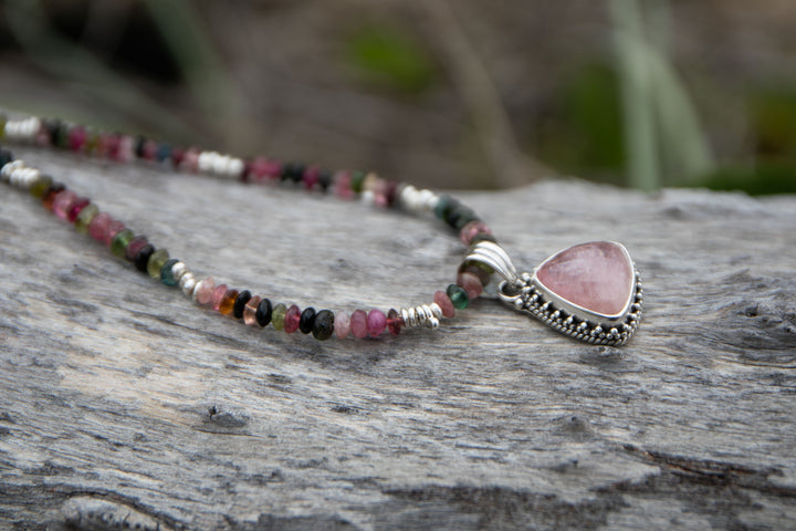 Watermelon Tourmaline + Thai Hill Tribe Silver Choker Necklace with Rose Quartz Pendant