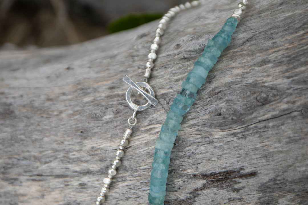 Faceted A Grade Stack Aquamarine Necklace with Thai Hill Tribe Silver Beads