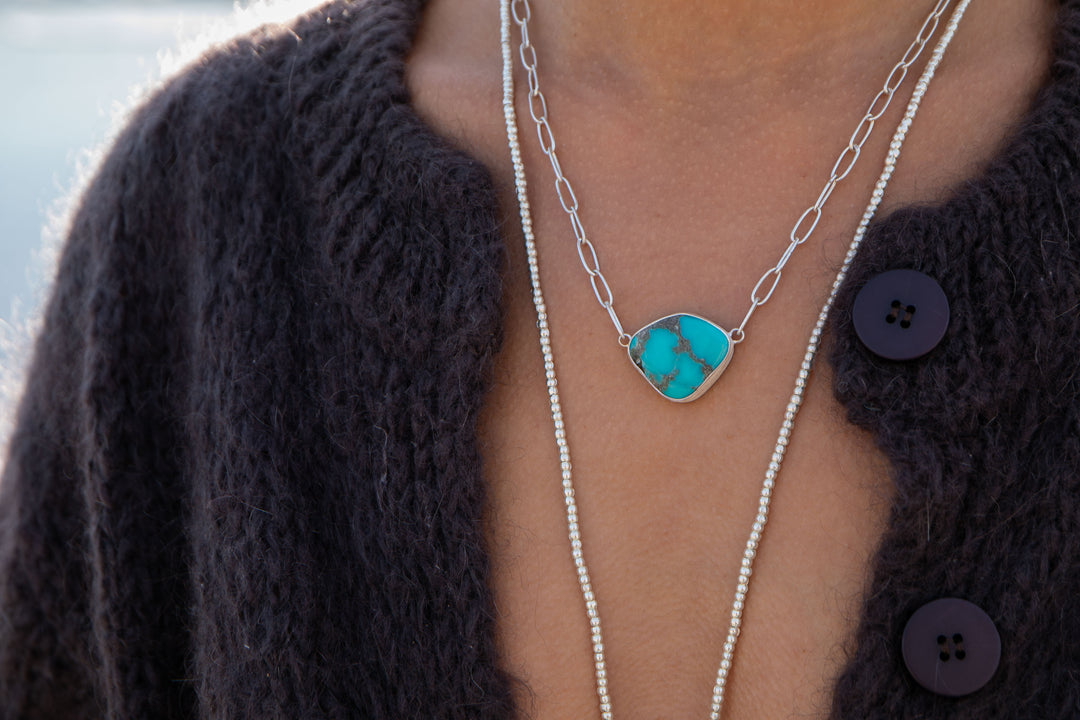 Arizona Turquoise Pendant on Paperclip Sterling Silver Chain