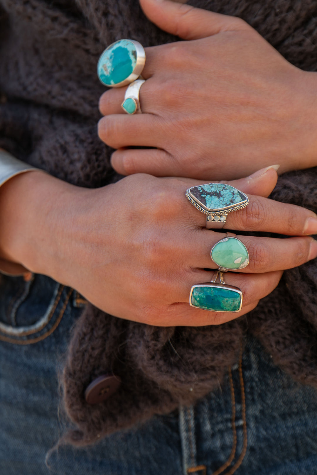 Genuine Turquoise Ring set in Tribal Sterling Silver - Size 9 US
