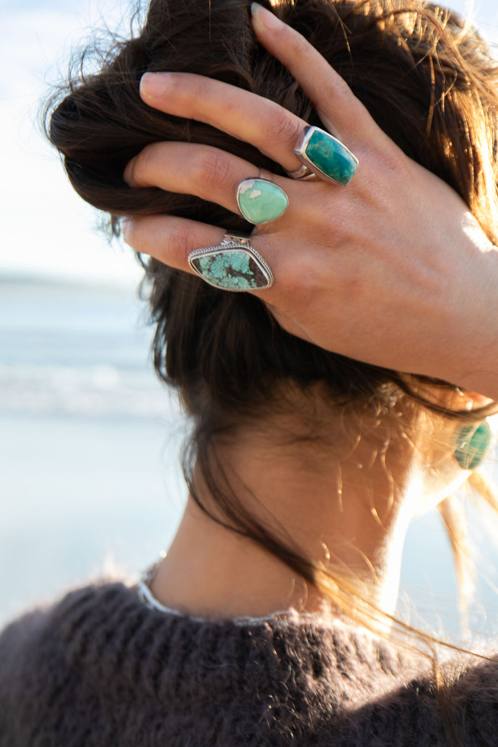 Genuine Turquoise Ring set in Tribal Sterling Silver - Size 9 US