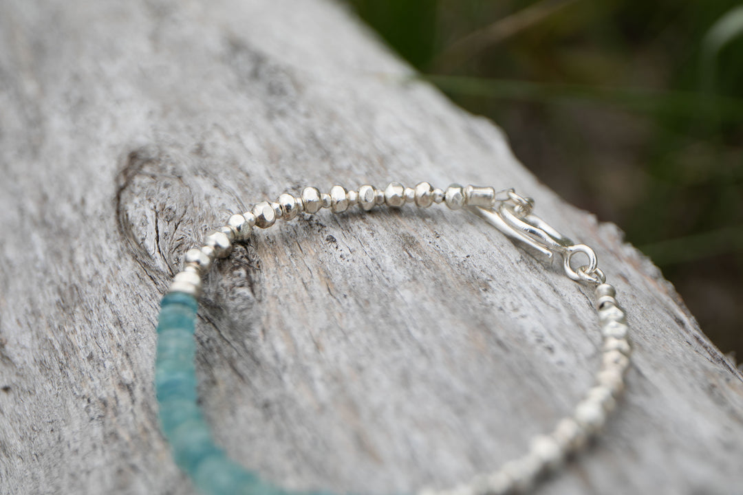 A Grade Stack Aquamarine Bracelet with Thai Hill Tribe Silver Beads