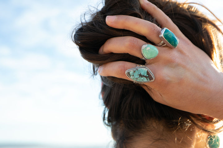 Genuine Turquoise Ring set in Tribal Sterling Silver - Size 9 US