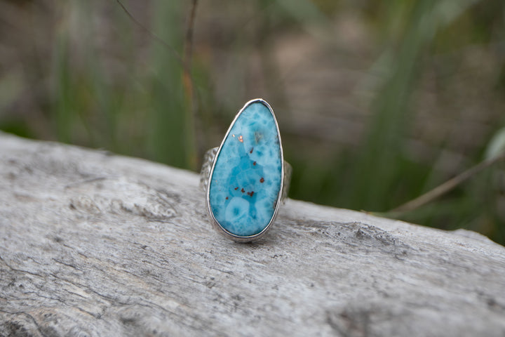 Larimar or Pectolite Ring set in Hammered Sterling Silver with Adjustable Band