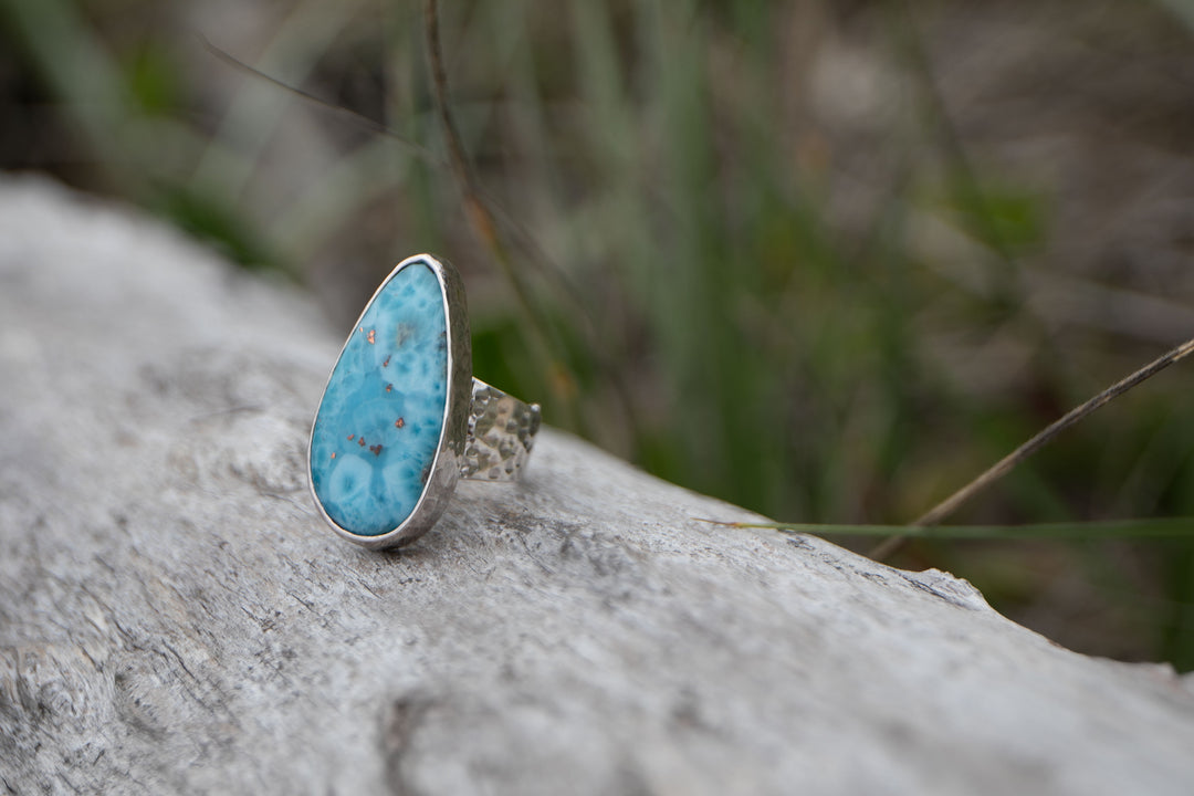 Larimar or Pectolite Ring set in Hammered Sterling Silver with Adjustable Band