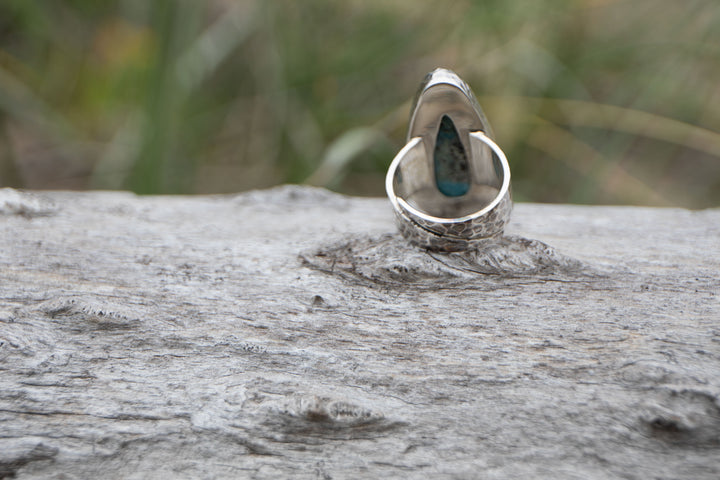 Larimar or Pectolite Ring set in Hammered Sterling Silver with Adjustable Band