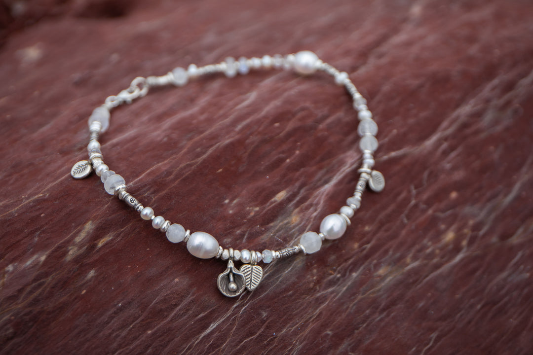 Beaded Freshwater Pearl, Rainbow Moonstone and Thai Hill Tribe Silver Anklet with Shell Charms