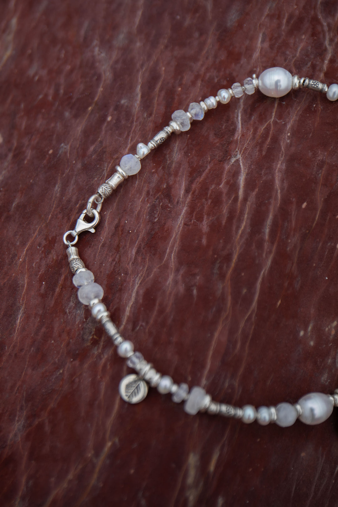 Beaded Freshwater Pearl, Rainbow Moonstone and Thai Hill Tribe Silver Anklet with Shell Charms