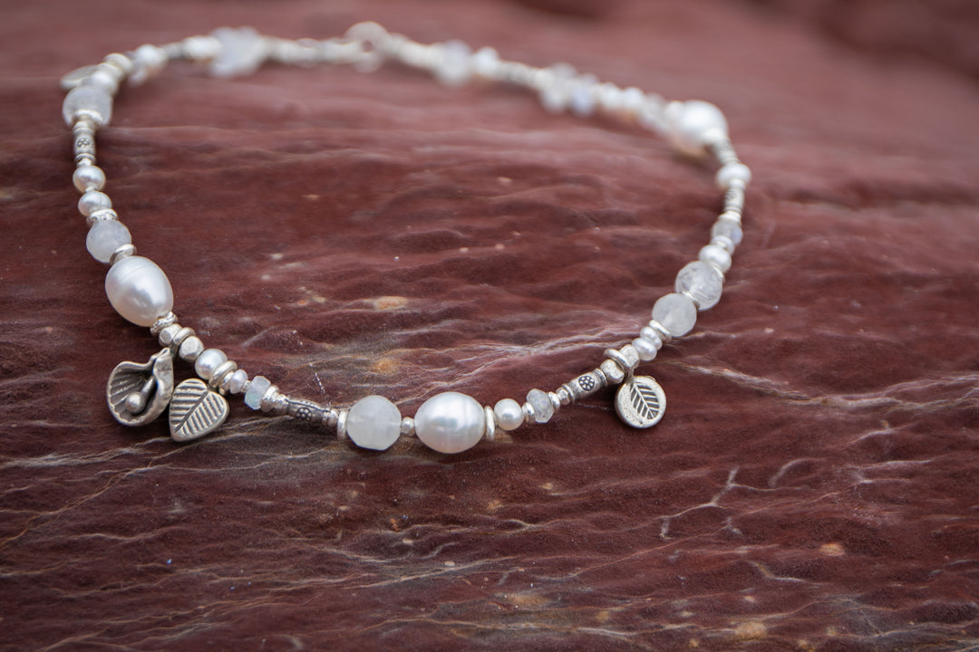 Beaded Freshwater Pearl, Rainbow Moonstone and Thai Hill Tribe Silver Anklet with Shell Charms