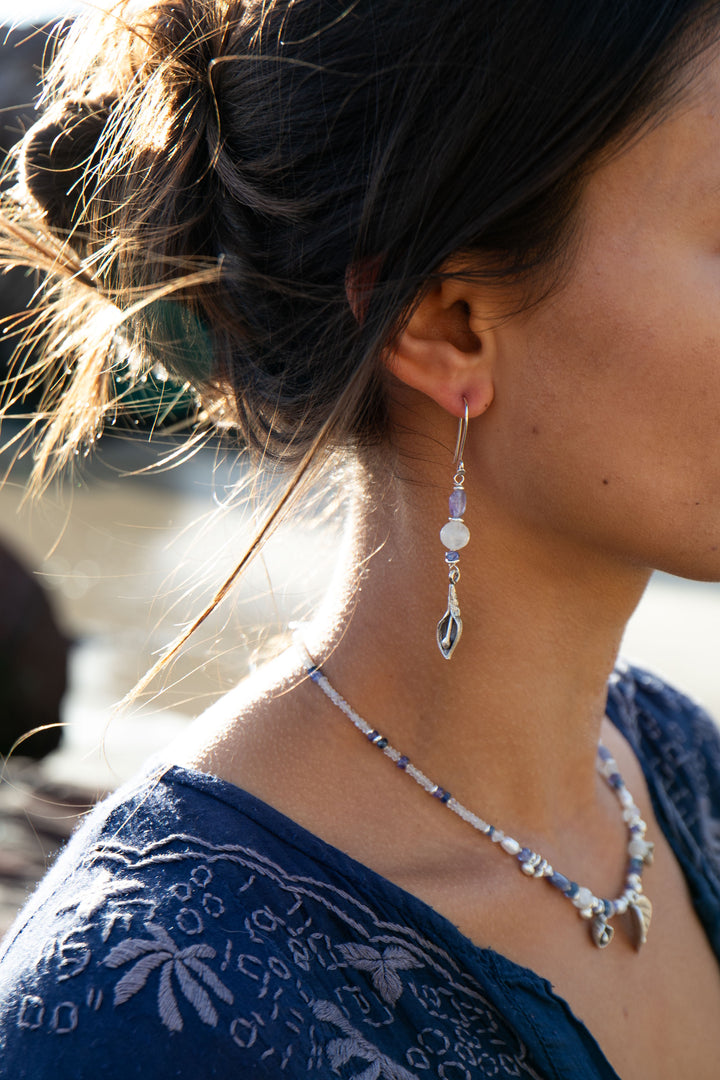 Reserved for Somer** Asymmetrical Tanzanite and Rainbow Moonstone Thai Hill Tribe Silver Shell Earrings
