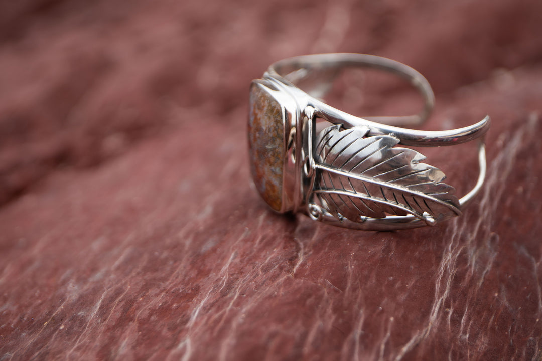 Statement Ocean Jasper Bangle with Sterling Silver Leaf Embellishments