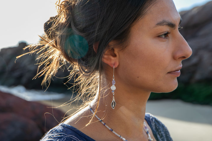 Reserved for Somer** Asymmetrical Tanzanite and Rainbow Moonstone Thai Hill Tribe Silver Shell Earrings