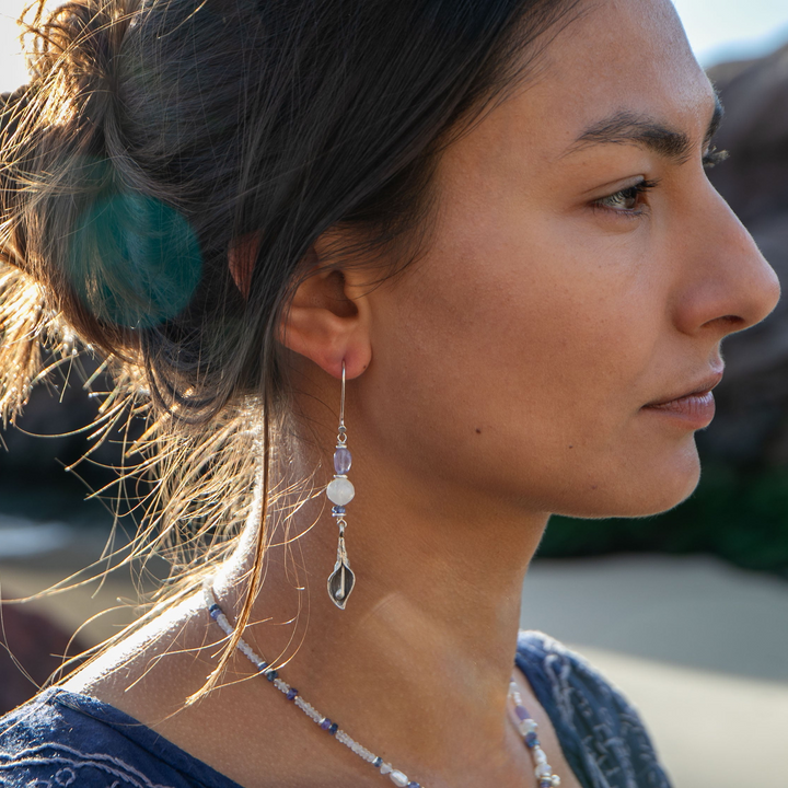 Reserved for Somer** Asymmetrical Tanzanite and Rainbow Moonstone Thai Hill Tribe Silver Shell Earrings
