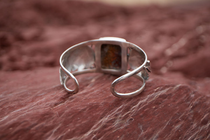 Statement Ocean Jasper Bangle with Sterling Silver Leaf Embellishments