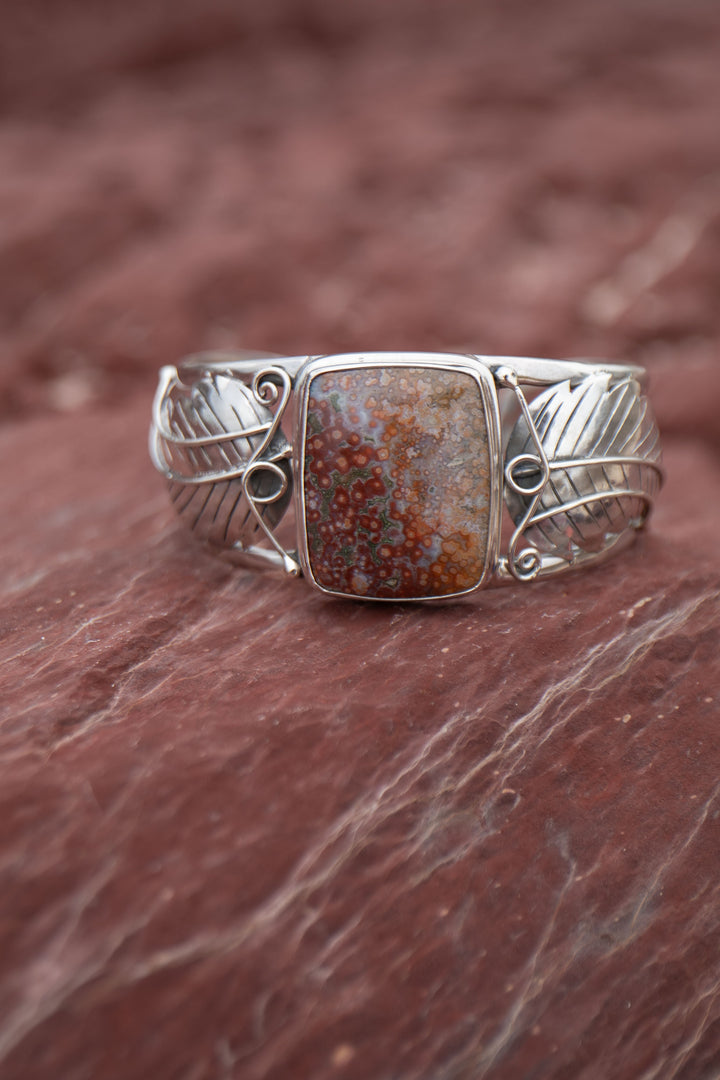 Statement Ocean Jasper Bangle with Sterling Silver Leaf Embellishments